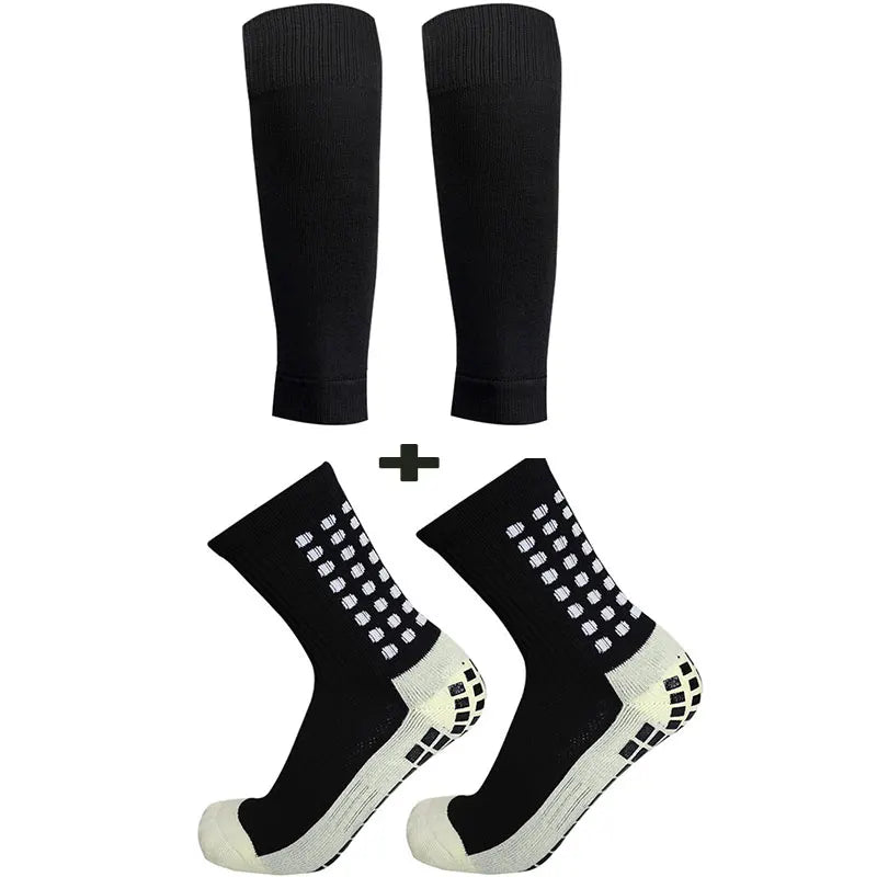 2 Pairs Set Men Grip Soccer Socks and Calf Sleeves Adult Youth Non Slip Leg Cover Guards for Basketball Football Sports Socks